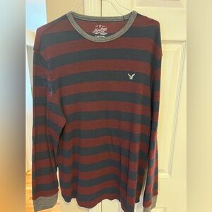 American Eagle Outfitters Men's Long Sleeve Striped Shirt - Maroon and Navy